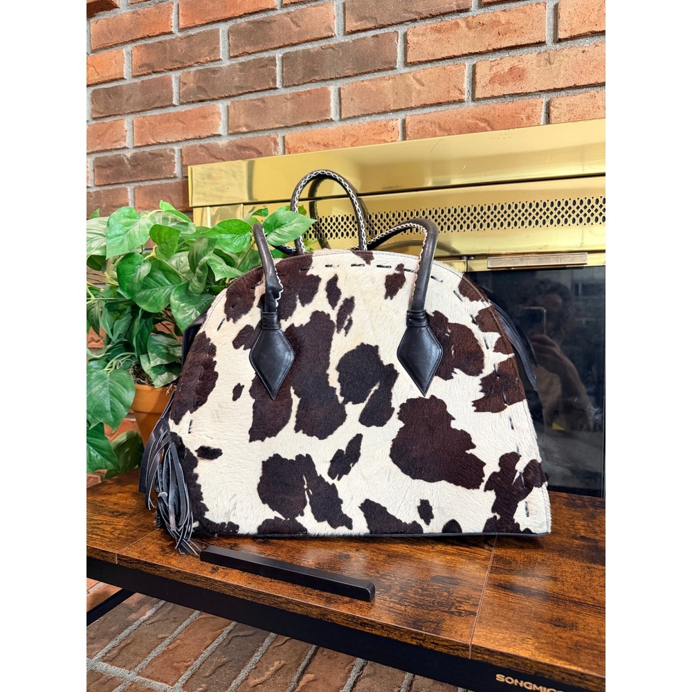 Donald J Pliner Shoulder Bag Women Black White Cow Print Hair On Hide Y2K Large